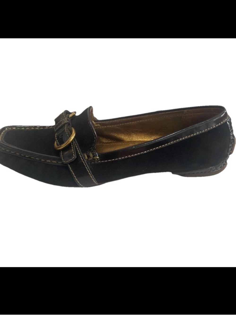 Coach Women Size 8.5 Sharin Black Leather Suede Buckle Patent Trim Loafers Shoe - Picture 6 of 14